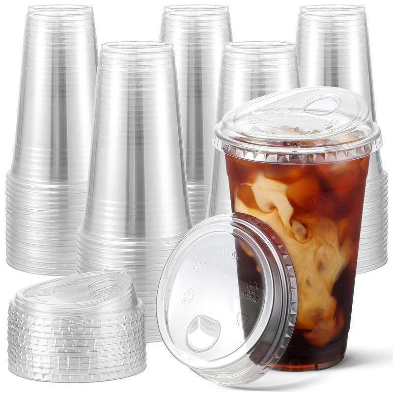 100 Sets of 16 oz Crystal Clear Plastic Cups With Strawless Sip-Lids, BPA Free Disposable Plastic Cups with Lids, To Go Cups for Iced Coffee, Smoothies, Party Drinks, Bubble Tea, Cold Beverage.