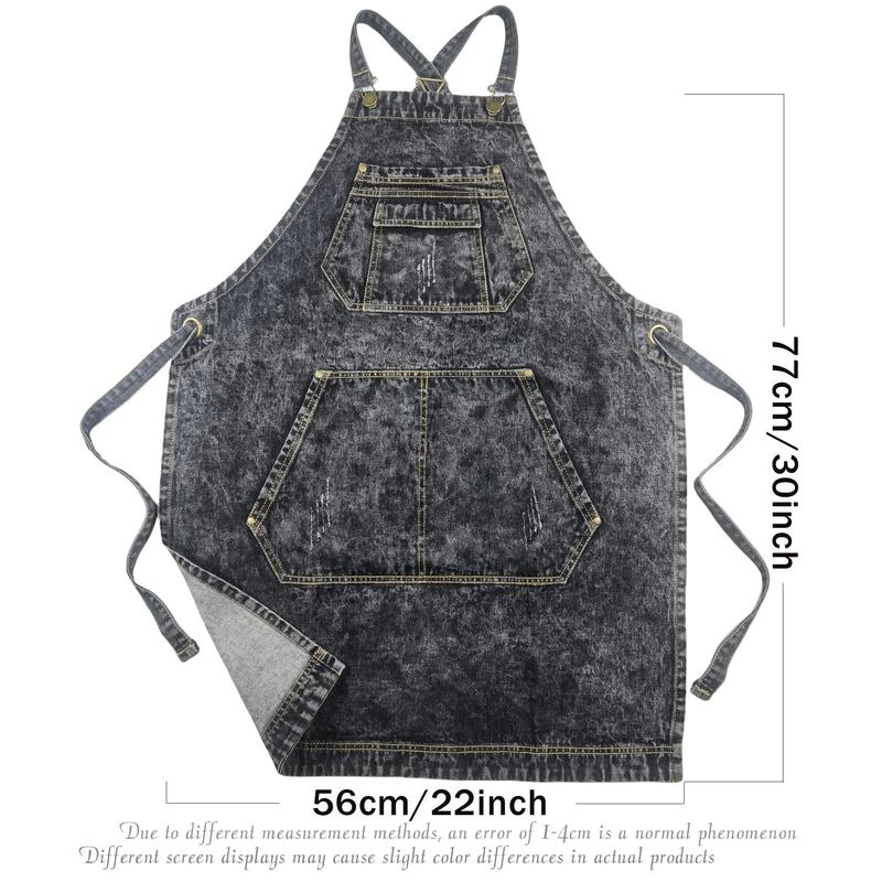 Denim Apron with Pockets, Cross Straps & Adjustable Apron, Work Apron for Hair Stylist Gardening Craftsmen Barista Women Hairdresser