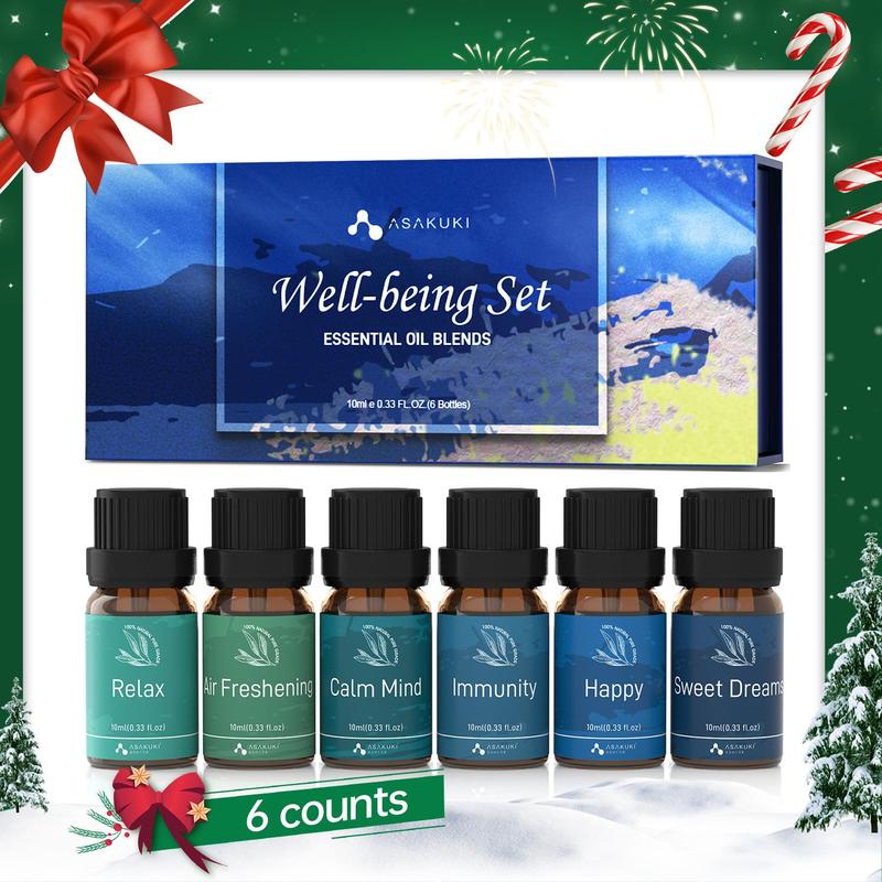 ASAKUKI Essential Oil Set for Diffusers Humidifier, Well-being Gift Kit 6 Flavors - Calming, Dreams, Breathe, Relaxing, Mood, Fresh Air Aromatherapy Oils for Humidifiers (10ml*6) (Two Packages Are Shipped Randomly)