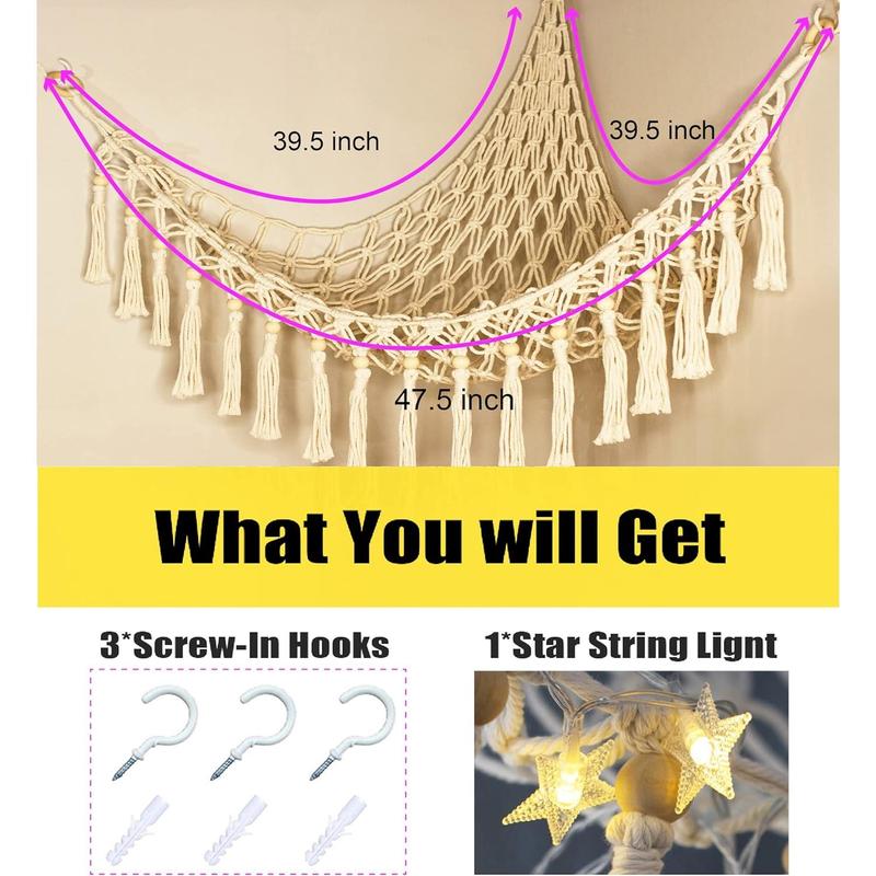 Stuffed Animal Toy Storage Hammock with LED Light - Macrame Jumbo Doll Corner Stuff Animals Organizer Decorations - Cute Hanging Plushie Net Nursery Bedroom Room Decor Wall Boho Mount Traditional Ornaments Hangable