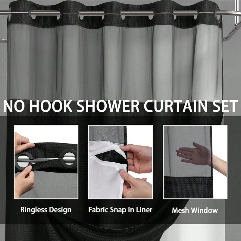 1PC Waffle Double Woven Shower Curtain, No Hook, Clear Top Window Hookless Shower Curtain With Snap Lined Waffle Shower Curtain Hotel Style Double Layer Machine Washable And Easy To Clean Bathroom Partition 72