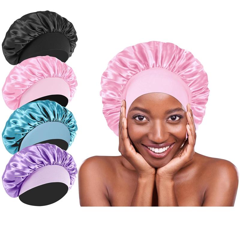 4 count Silk Hair Bonnets for Sleeping - Elastic Wide Band Satin Hair Wrap Bonnets for Sleeping Black Women Men,Silk Bonnets for Curly Hair,Silk Satin Bonnets for Sleeping (Black & Pink & Blue & Purple)