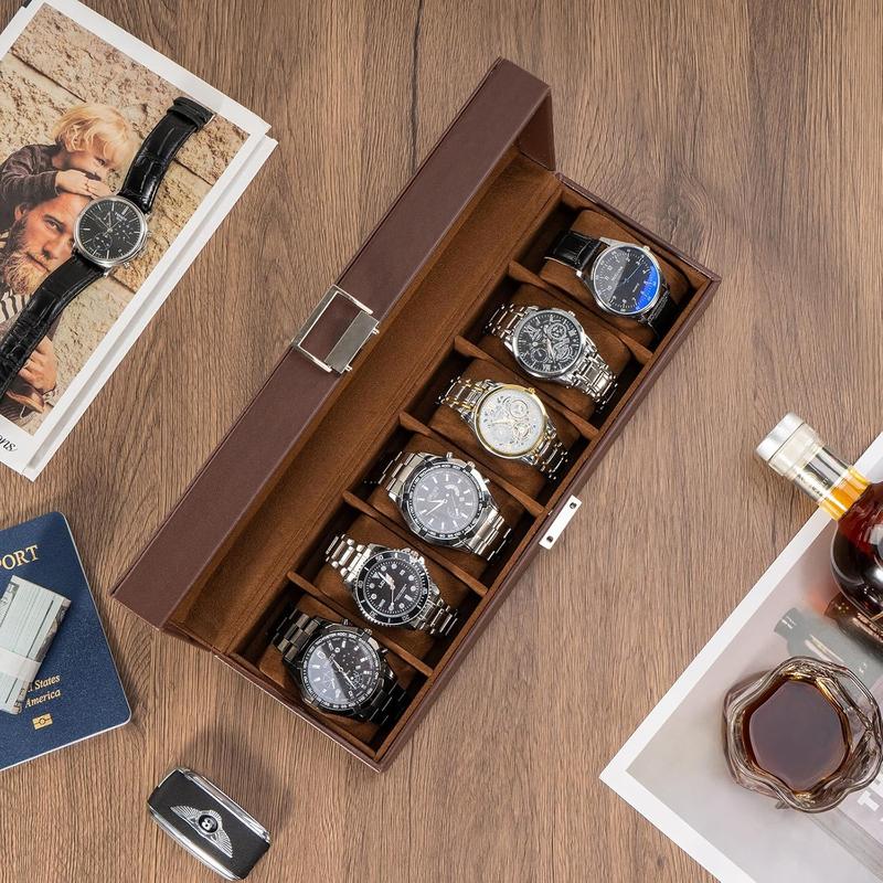 Watch Box for Men, 6 Slot Mens Watch Case, Watch Storage Watch Holder Organizer for Men, Watch Display Case with Glass Lid -6 Slot, Brown