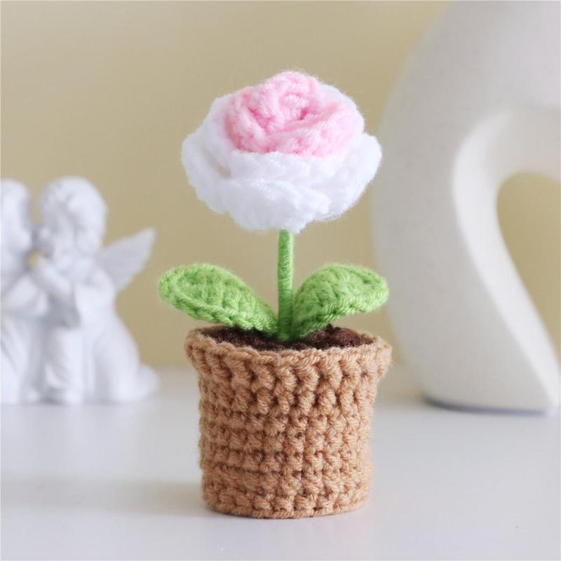 Mini Handmade Crochet Rose Knitted Potted Plant, 3 Counts set Cute Artificial Flower Decor, Decorative Plants for Home Office Car