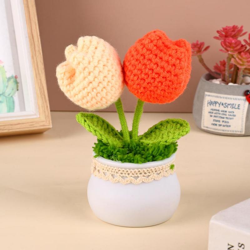 Crochet Tulip Flower, Artificial Woven Flower Plant, Home Decor Supplies for Living Room, Bedroom, Office Desk, Bookshelf, Window, Table