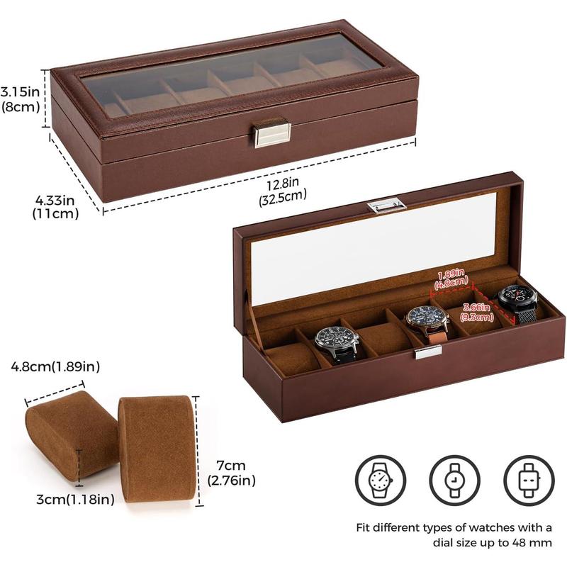 Watch Box for Men, 6 Slot Mens Watch Case, Watch Storage Watch Holder Organizer for Men, Watch Display Case with Glass Lid -6 Slot, Brown