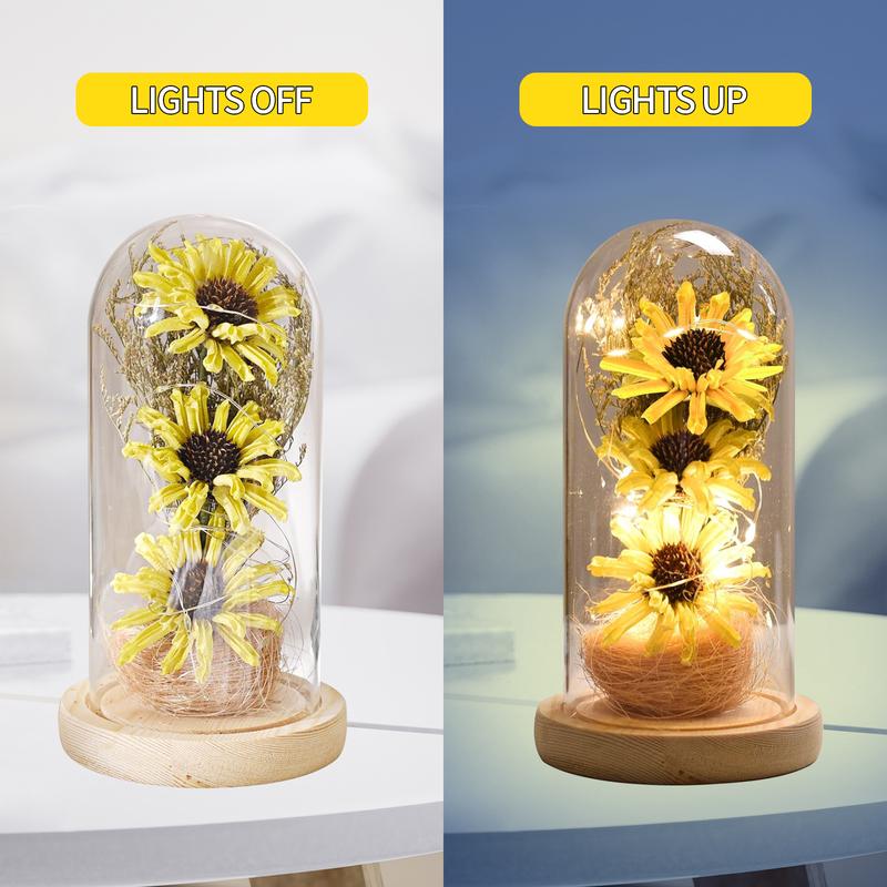 Christmas Everlasting Sunflower in Glass Dome withLight, Artificial Sunflowers in Glass Dome with LED Strip, Home Decor Plants Flowers, Valentine's Day, Christmas, Thanksgiving, Birthday Decorative Ornaments Boxes 2024 Fall GiftsFall Decor Decoration