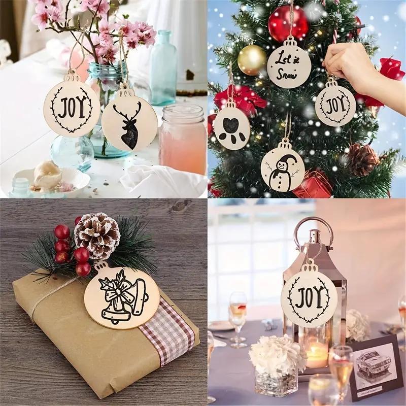 Wooden Christmas Ornament, 120pcs set Christmas Tree & Bell & Reindeer & Stocking & Snowflake & Round & Rope Hanging Ornament, DIY Wooden Crafts