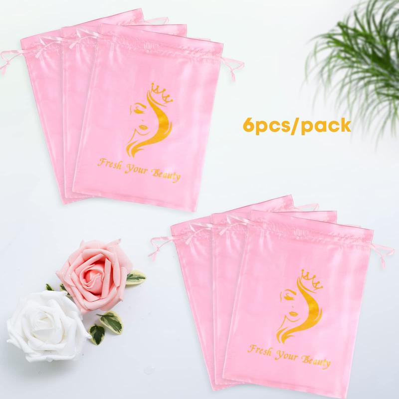 6PCS Satin Wig Bags wig Storage for Multiple Wigs Bags Storage Satin Bags for Wigs Silk Bags with Drawstring Hair Bag Hair Storage Bags for Packaging Wigs, Bundles, Hair Extensions （Pink）