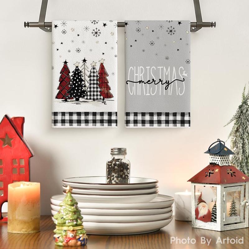 Black White Buffalo Plaid Snowman Xmas Trees Christmas Kitchen Towels Dish Towels, 18x26 Inch Daily Winter Decoration Hand Towels Set of 4