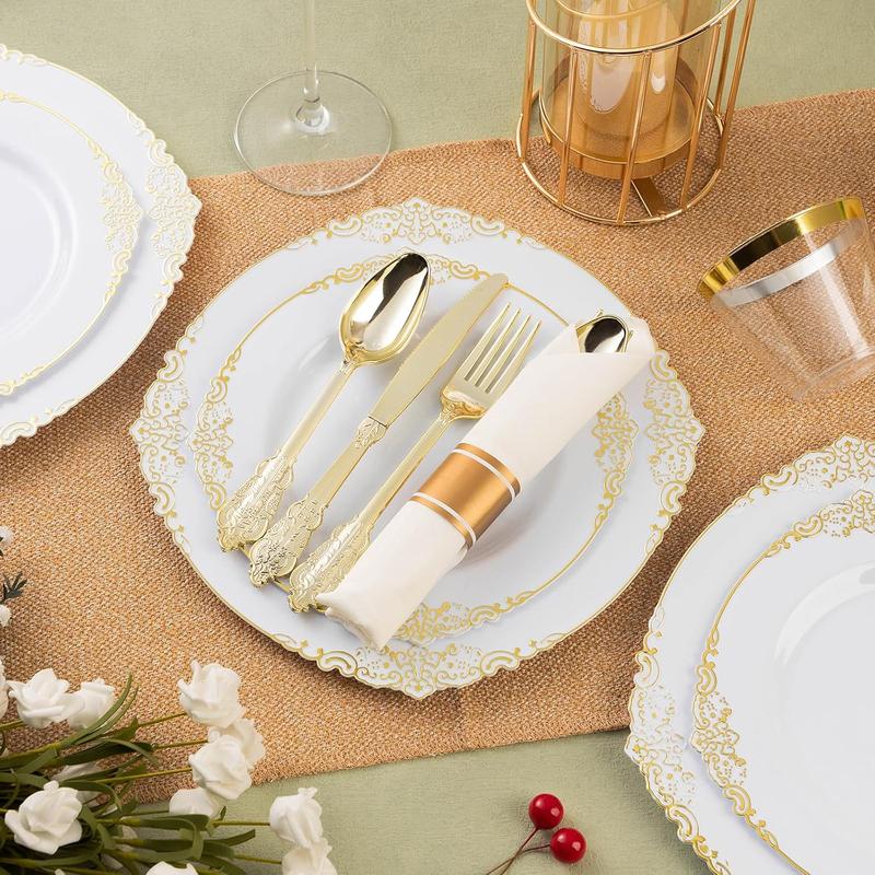 350 count Gold Plastic Plates for 50 Guests, Disposable Dinnerware Sets Include 100 Gold Rim Plastic Plates, 50 Silverware, 50 Pre Rolled Napkins for Party, Wedding & Decor