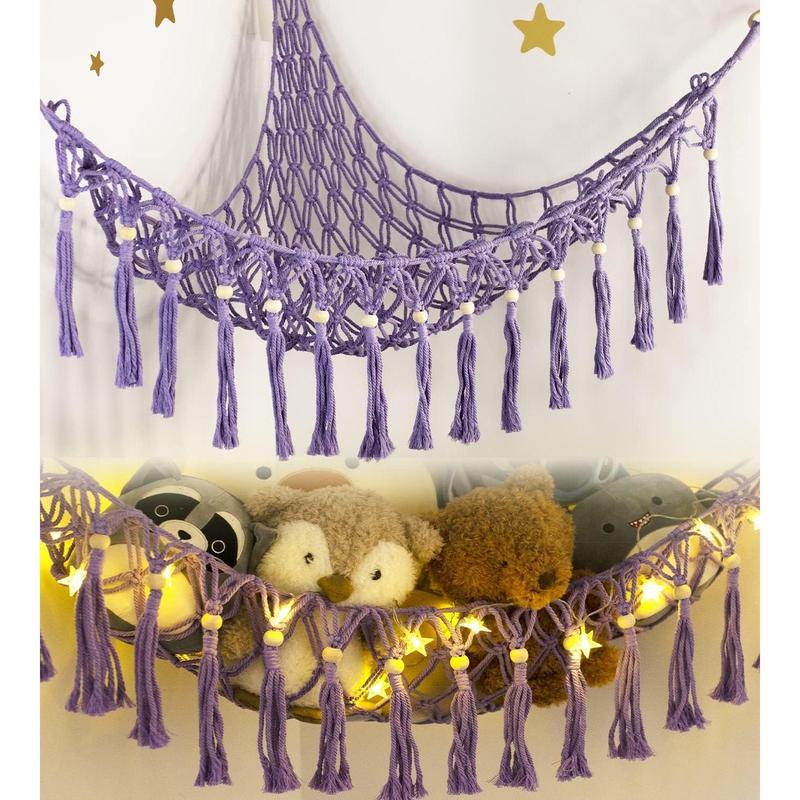 Stuffed Animal Toy Storage Hammock with LED Light - Macrame Jumbo Doll Corner Stuff Animals Organizer Decorations - Cute Hanging Plushie Net Nursery Bedroom Room Decor Wall Boho Mount Traditional Ornaments Hangable