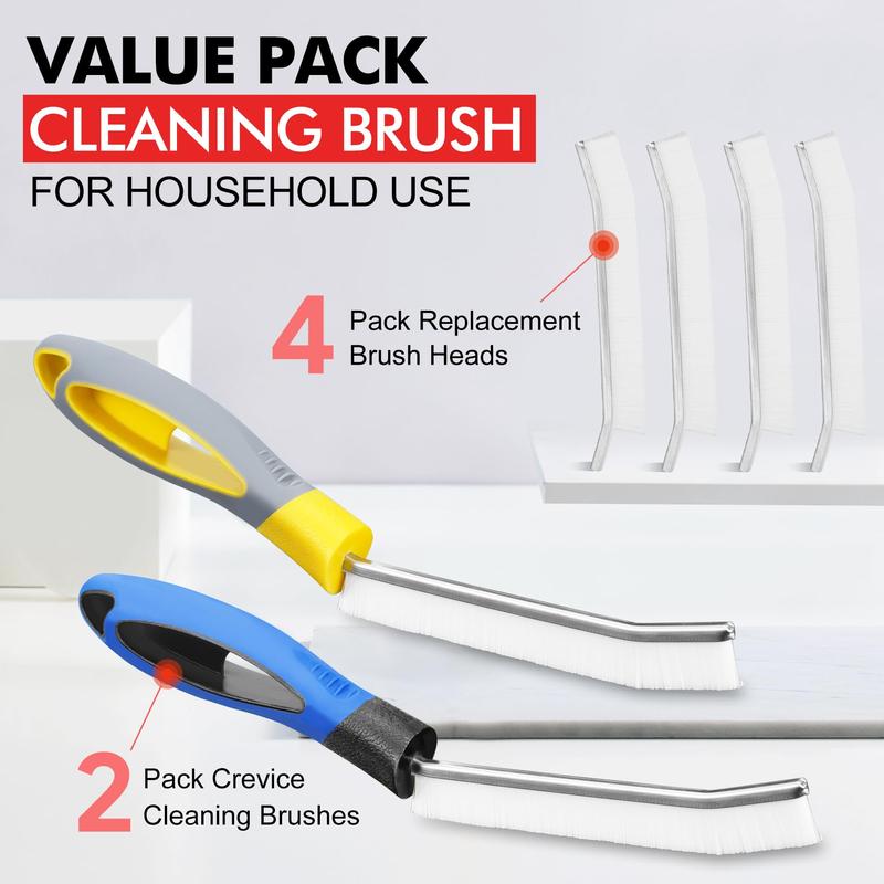 2 Pcs Hard Bristle Crevice Cleaning Brushes with 4 Pcs Replacement Brush Heads, Gap Cleaning Brush, Multi-Purpose Crevice Cleaning Tools for Household Use - Kitchen Bathroom Crevice Brush