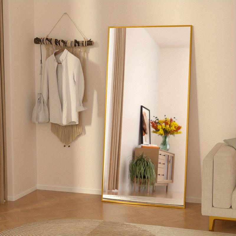 Full-Length Mirror with Aluminum Alloy Frame, Floor Mirror with HD Mirror Surface, Wall Mirror Free-Standing Hanging, Right-Angle Full Body Mirror with Stand for Living Room, Cloakroom, Hallway, Black, Gold, Size: 64