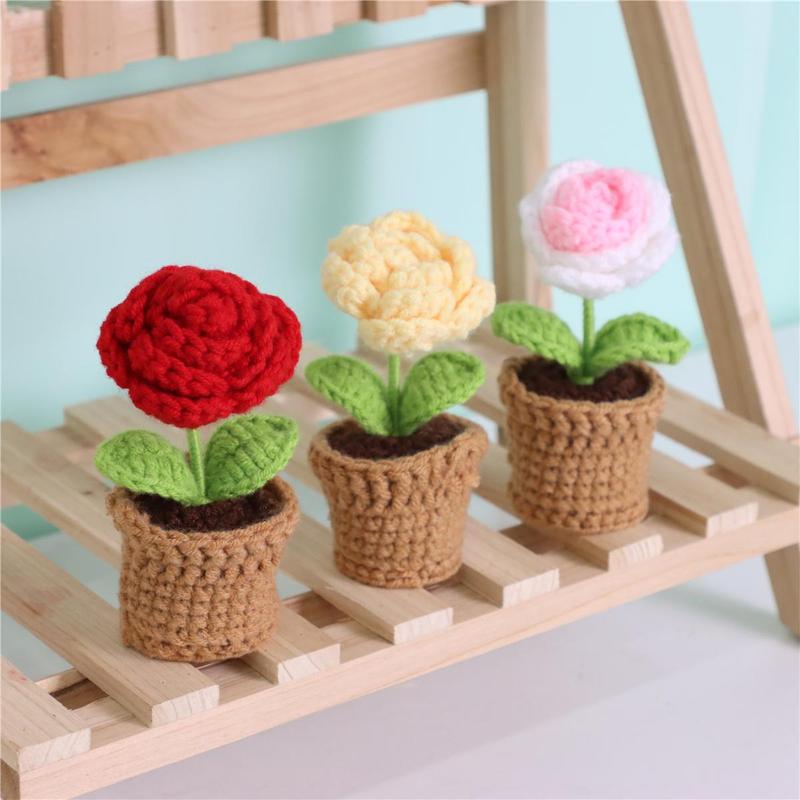 Mini Handmade Crochet Rose Knitted Potted Plant, 3 Counts set Cute Artificial Flower Decor, Decorative Plants for Home Office Car