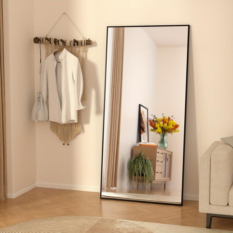 Full-Length Mirror with Aluminum Alloy Frame, Floor Mirror with HD Mirror Surface, Wall Mirror Free-Standing Hanging, Right-Angle Full Body Mirror with Stand for Living Room, Cloakroom, Hallway, Black, Gold, Size: 64