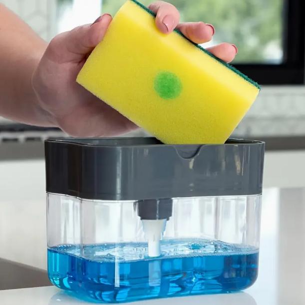 Complete Kitchen Soap Dispenser: Latex-Free Plastic, Freestanding Design with Pump, Sponge Holder & Bonus Sponge - Perfect for Easy Dishwashing