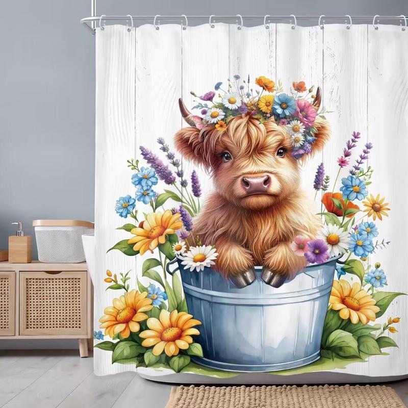 Cute Cow Pattern Bathroom Shower Curtain, 1 Count Waterproof Bathroom Curtain with 12pcs Hooks, Bathroom Decor Supplies