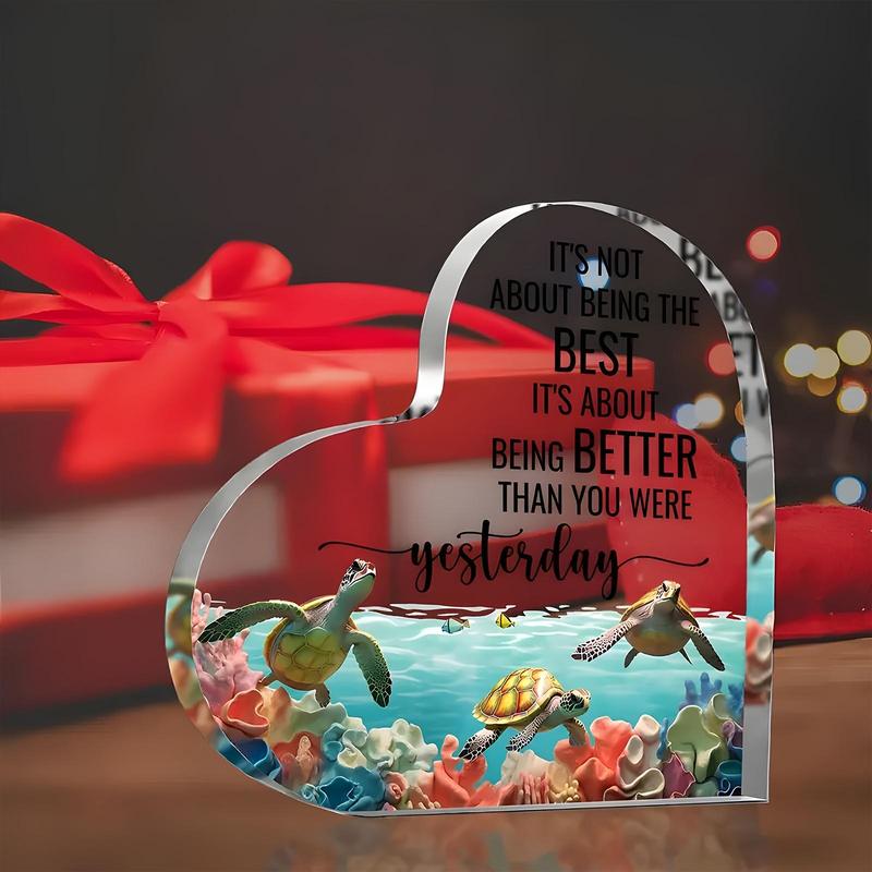 Sea Turtle Pattern Acrylic Desktop Ornament, Creative Heart Shaped Decorative Ornament, Home Decor for Living Room Bedroom Office