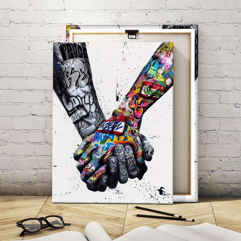 Hand-In-Hand Pattern Canvas Painting Framed, Meaningful Modern Graffiti Art Canvas Poster, Wall Art Decor for Home Living Room Office Bedroom Gallery Dormitory