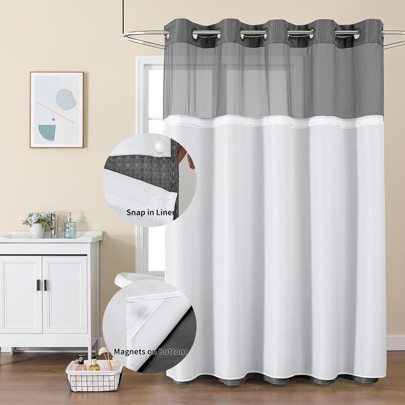 No Hook Shower Curtain with Snap in Fabric Liner, Waffle Heavy Duty Thick Shower Curtains with Mesh Top Window, Hotel Style Waterproof Bathroom Curtain Set, 72'' x 75'', Charcoal Grey