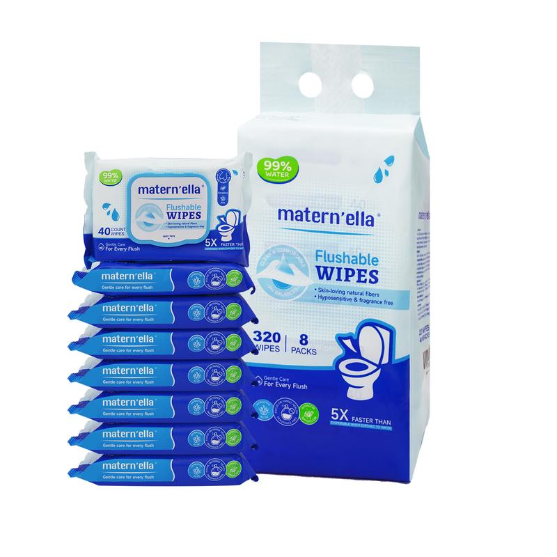 Maternella Wipes Toilet Paper Flushable Wet Wipes, Unscented Toilet Wipes 99% Purified Water with Aloe,  3 to 8 Packs of 40 Plant Fibers Soft and Gentle for Travelling, Camping, At home, Outdoor wet  wipes toilet  paper