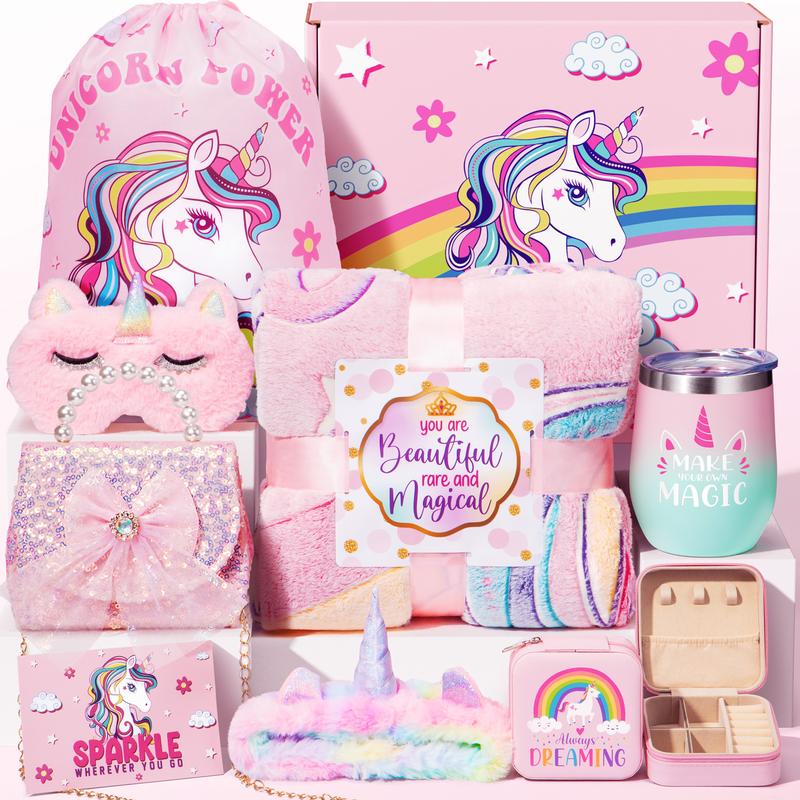 Tiblue Unicorn Themed Gifts  Halloween, Thanksgiving, Birthday Gifts with Glow-in-the-Dark Blanket, Purse, Cup, and Jewelry Box