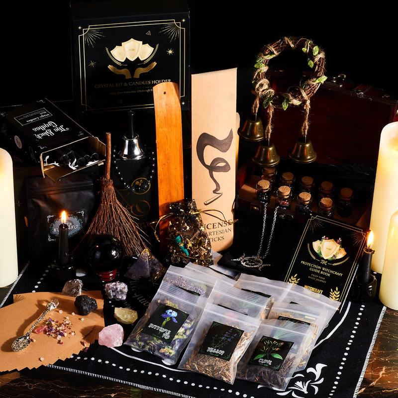 Wiccan Supplies and Tools for Protection, 127Pack Witchcraft Supplies Witchy Gift for Beginners, Dried Flower, Crystals, Candles, Witch Starter Spell Kit