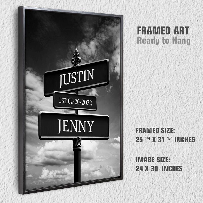 Crossroads Sign Couple's Name and Date on Street Black & White Sky Canvas Prints Love Gift for Anniversary,Wedding,Birthday and Holidays Decor Poster