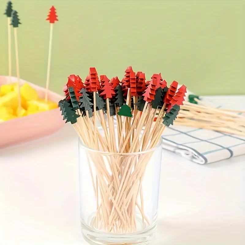 Random Color Christmas Themed Bamboo Stick, 100pcs Disposable Fruit Dessert Stick, Disposable Tableware Supplies for Home Party Festival