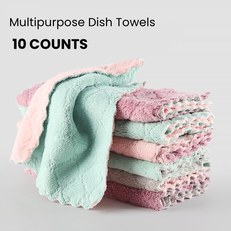 10 Counts Double-Sided Kitchen Towels，Microfiber Coral Velvet Dishtowels Multipurpose Reusable and Durable Cleaning Rags, Thickened Soft Cleaning Cloths for Kitchen, Sinks, Pots, Pans,Furniture, Wall ,Random Color Dish Towels