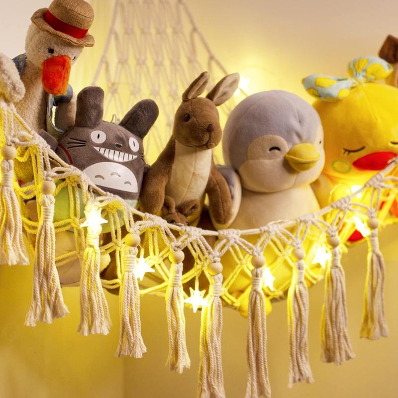 Stuffed Animal Toy Storage Hammock with LED Light - Macrame Jumbo Doll Corner Stuff Animals Organizer Decorations - Cute Hanging Plushie Net Nursery Bedroom Room Decor Wall Boho Mount Traditional Ornaments Hangable