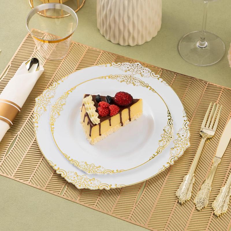 350 count Gold Plastic Plates for 50 Guests, Disposable Dinnerware Sets Include 100 Gold Rim Plastic Plates, 50 Silverware, 50 Pre Rolled Napkins for Party, Wedding & Decor