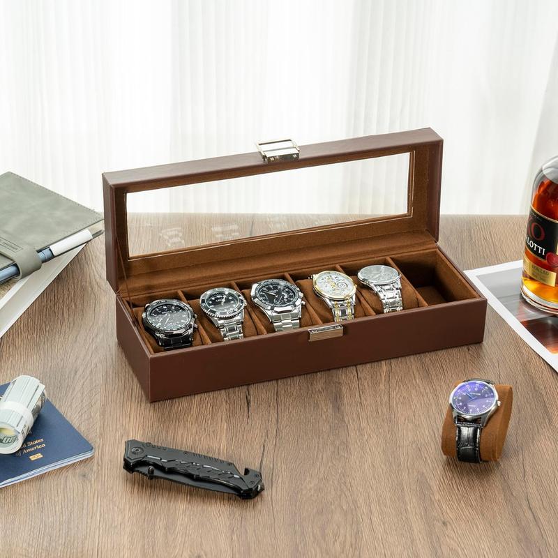 Watch Box for Men, 6 Slot Mens Watch Case, Watch Storage Watch Holder Organizer for Men, Watch Display Case with Glass Lid -6 Slot, Brown