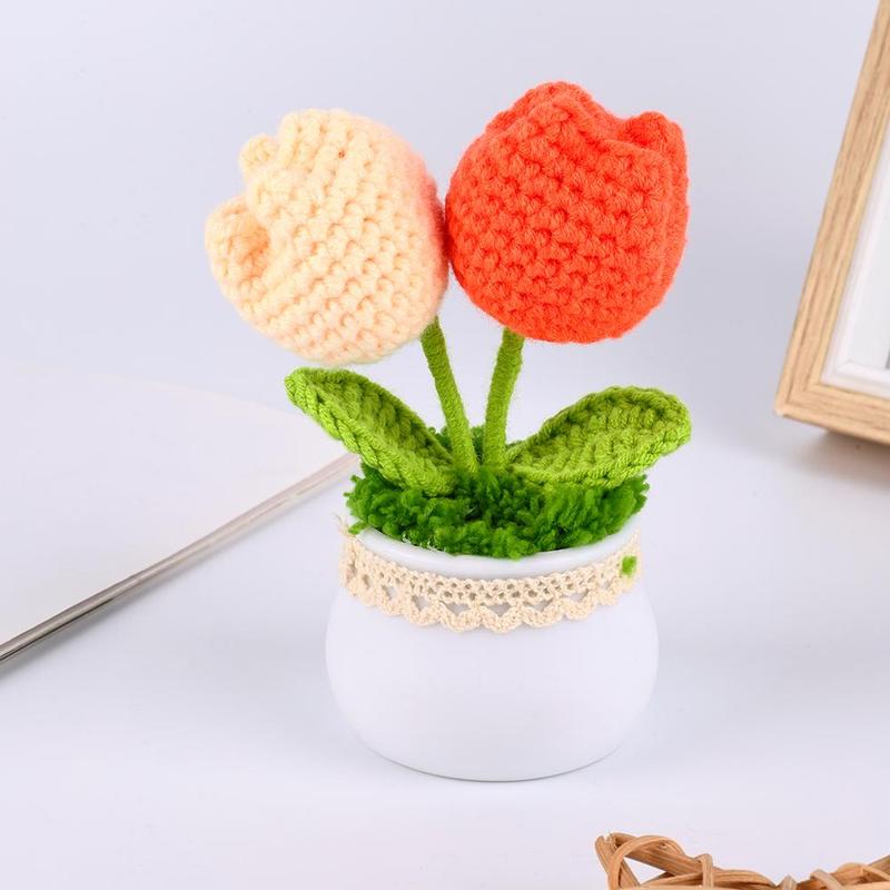 Crochet Tulip Flower, Artificial Woven Flower Plant, Home Decor Supplies for Living Room, Bedroom, Office Desk, Bookshelf, Window, Table