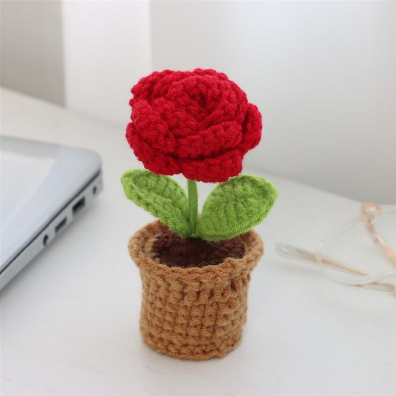 Mini Handmade Crochet Rose Knitted Potted Plant, 3 Counts set Cute Artificial Flower Decor, Decorative Plants for Home Office Car