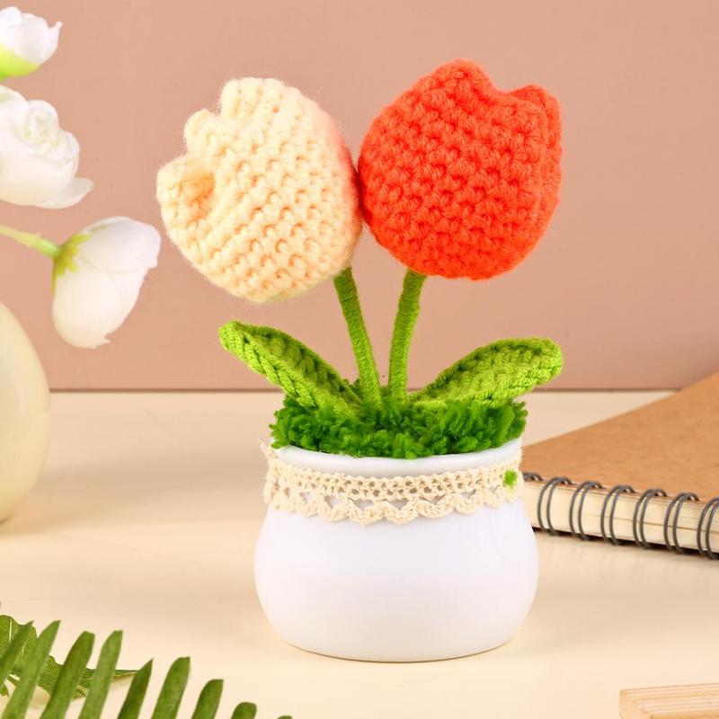 Crochet Tulip Flower, Artificial Woven Flower Plant, Home Decor Supplies for Living Room, Bedroom, Office Desk, Bookshelf, Window, Table