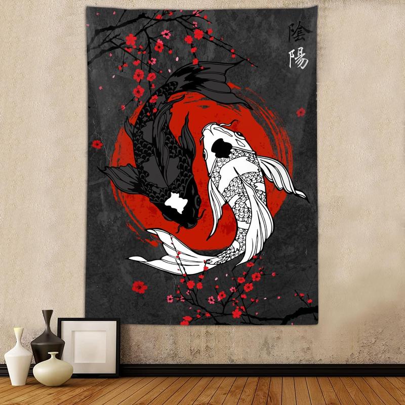 Japanese Yin Yang Koi Fish Tapestry, Cool Red and Black Anime Sakura Art Tapestries Vertical Wall Hanging for Men Bedroom Living Room Office Decor 40X60