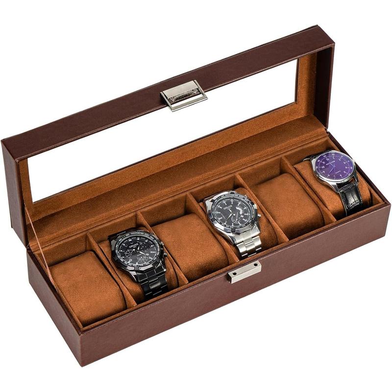 Watch Box for Men, 6 Slot Mens Watch Case, Watch Storage Watch Holder Organizer for Men, Watch Display Case with Glass Lid -6 Slot, Brown