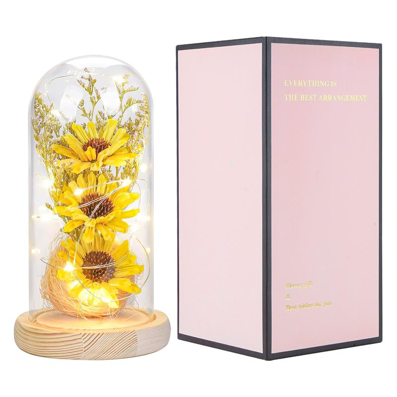 Christmas Everlasting Sunflower in Glass Dome withLight, Artificial Sunflowers in Glass Dome with LED Strip, Home Decor Plants Flowers, Valentine's Day, Christmas, Thanksgiving, Birthday Decorative Ornaments Boxes 2024 Fall GiftsFall Decor Decoration