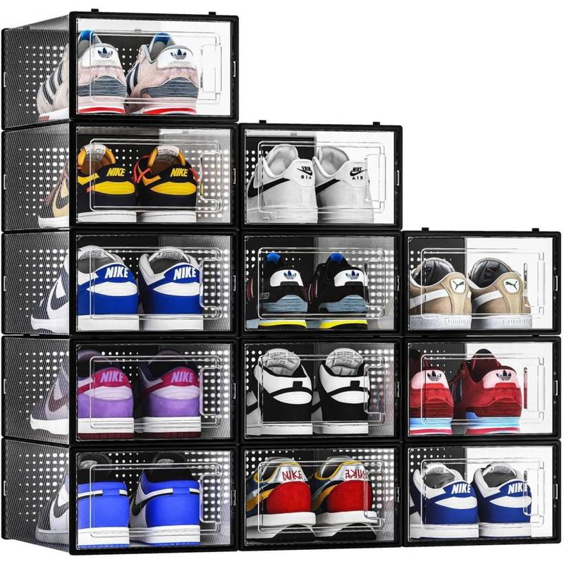 12 Pack Shoe Storage Bins, Clear Plastic Stackable Shoe Organizer for Closet, Space Saving Foldable Shoe Rack, Shoe Box Sneaker Holder Container, Black Frame