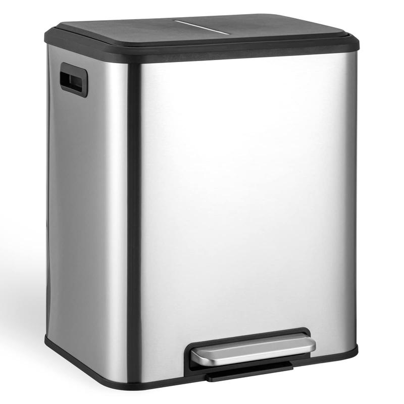 GARVEE 2x4 Gallon Kitchen Dual Trash Can and Recycling Bin Stainless Steel Removable Inner Bin and Soft Close Lid for Home Office Business Silver