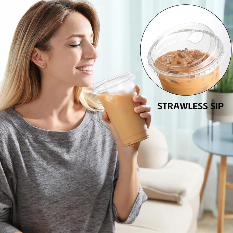 100 Sets of 16 oz Crystal Clear Plastic Cups With Strawless Sip-Lids, BPA Free Disposable Plastic Cups with Lids, To Go Cups for Iced Coffee, Smoothies, Party Drinks, Bubble Tea, Cold Beverage.