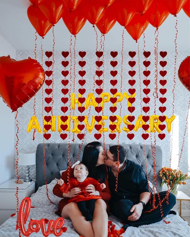 Anniversary Decorations Set: Happy Anniversary Banner, Red Felt Garland, and Heart Balloons Ornaments