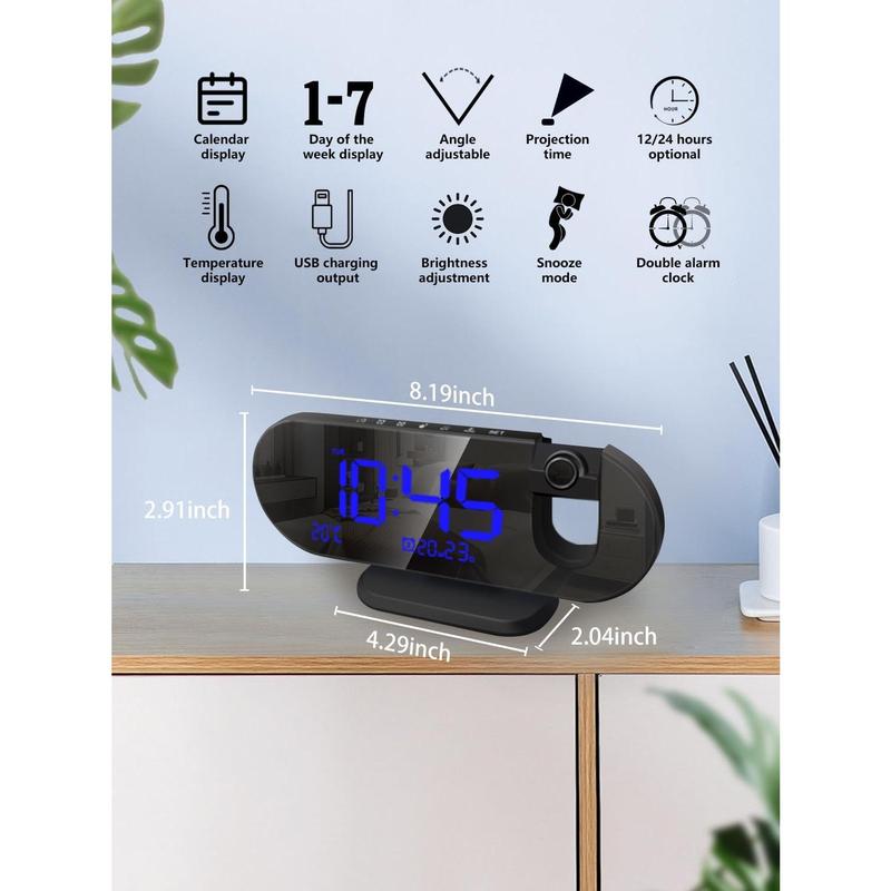 Projection Alarm Clock - 2024 New Projection Clock with 180° Rotatable Projector for Bedroom Ceiling - Clear LED Display, USB Charger Automatic Light-Sensitive Temperature, Silent Movement