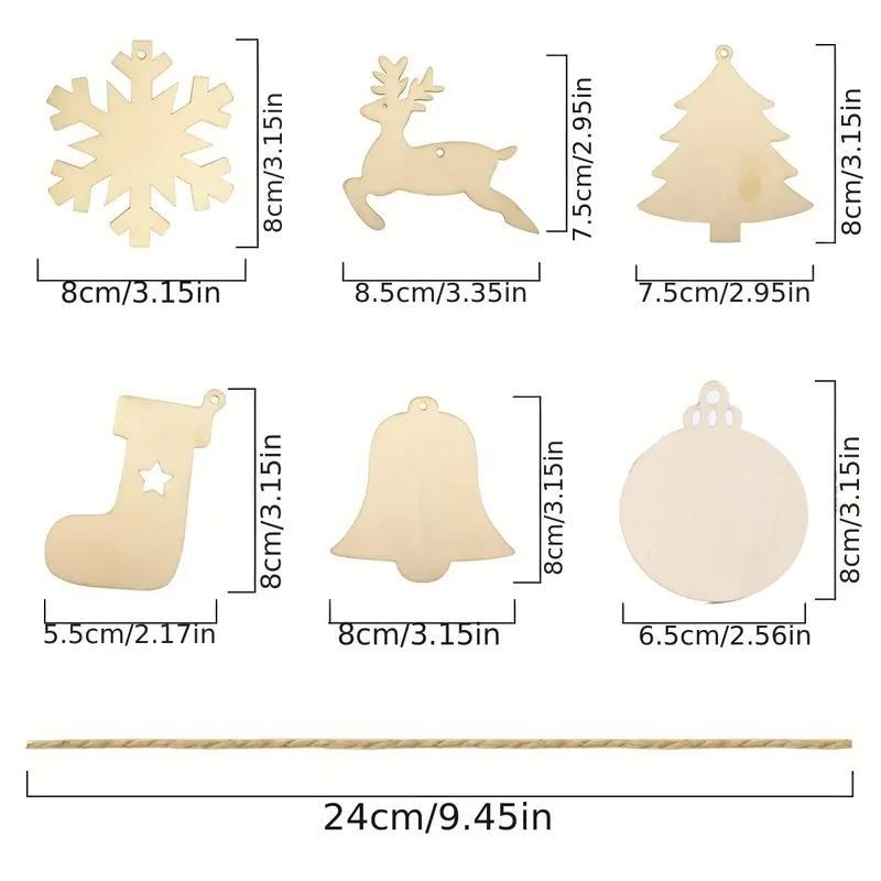 Wooden Christmas Ornament, 120pcs set Christmas Tree & Bell & Reindeer & Stocking & Snowflake & Round & Rope Hanging Ornament, DIY Wooden Crafts