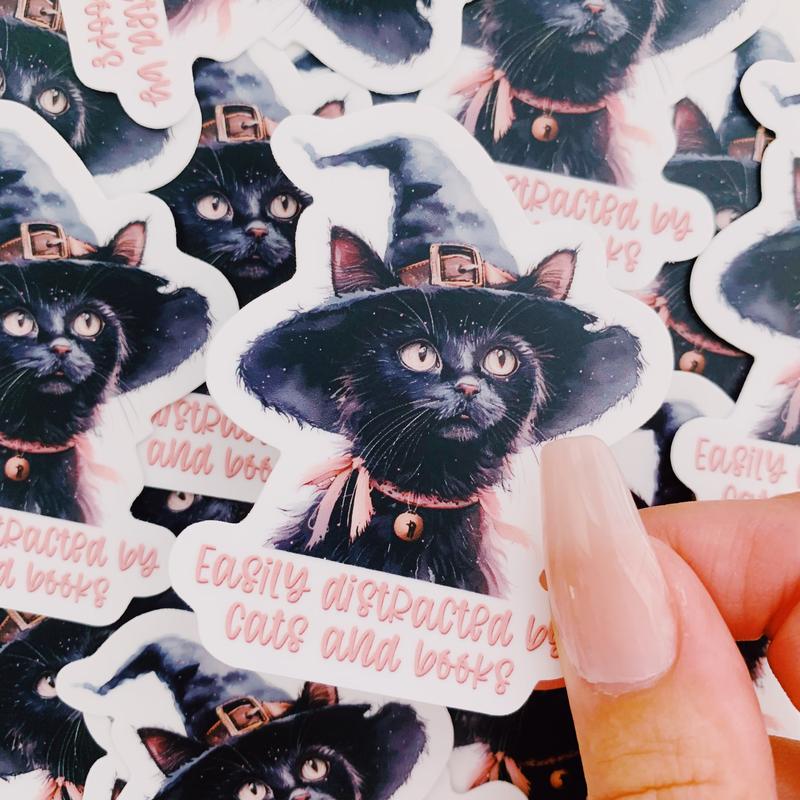 Witchy cat sticker- Easily distracted by books and cats