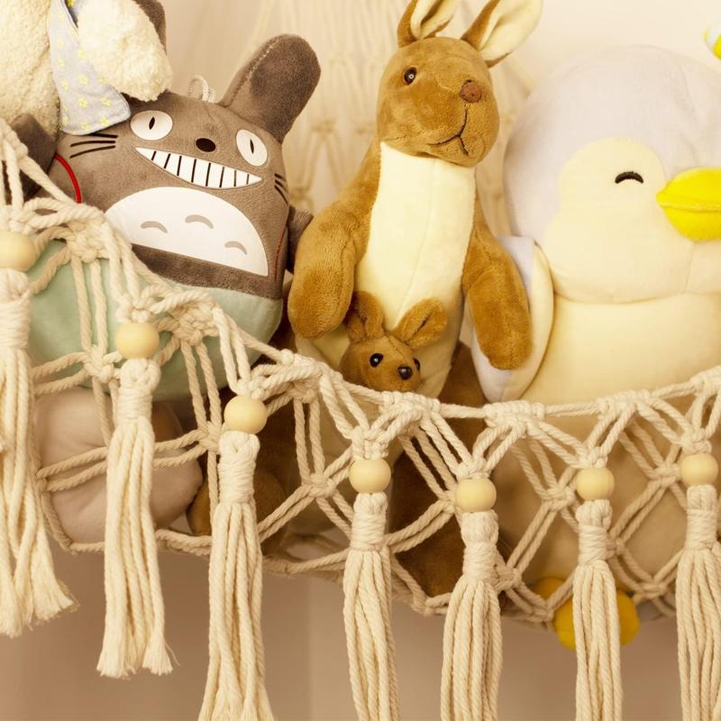 Stuffed Animal Toy Storage Hammock with LED Light - Macrame Jumbo Doll Corner Stuff Animals Organizer Decorations - Cute Hanging Plushie Net Nursery Bedroom Room Decor Wall Boho Mount Traditional Ornaments Hangable