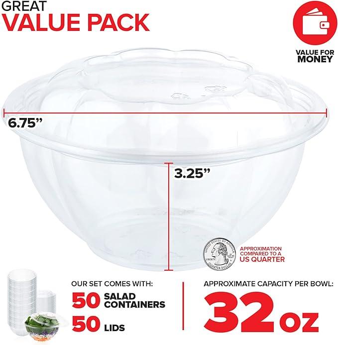 AISOON 50-Pack Clear Plastic Salad Bowls with Snap-On Lids, Ideal for Fruit, Quinoa, Meal Prep, Acai Bowls, and To-Go Party Containers