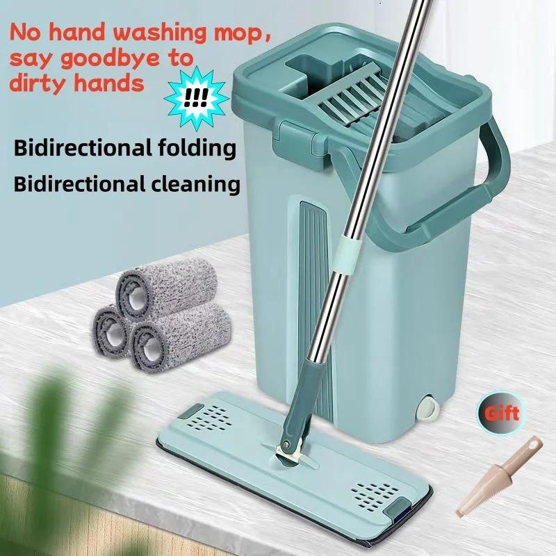 Flat Squeeze Mop with Bucket Hand Free Wringing Floor Cleaning Mop Microfiber Mop Pads Wet or Dry Usage on Hardwood Laminate